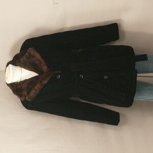 Velvet Belted Jacket w Faux Fur Collar Quilted Black Fun Classy Styling Quality